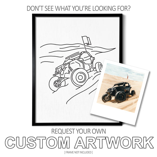 A custom line art drawing of a dune buggy on white linen paper in a thin black picture frame