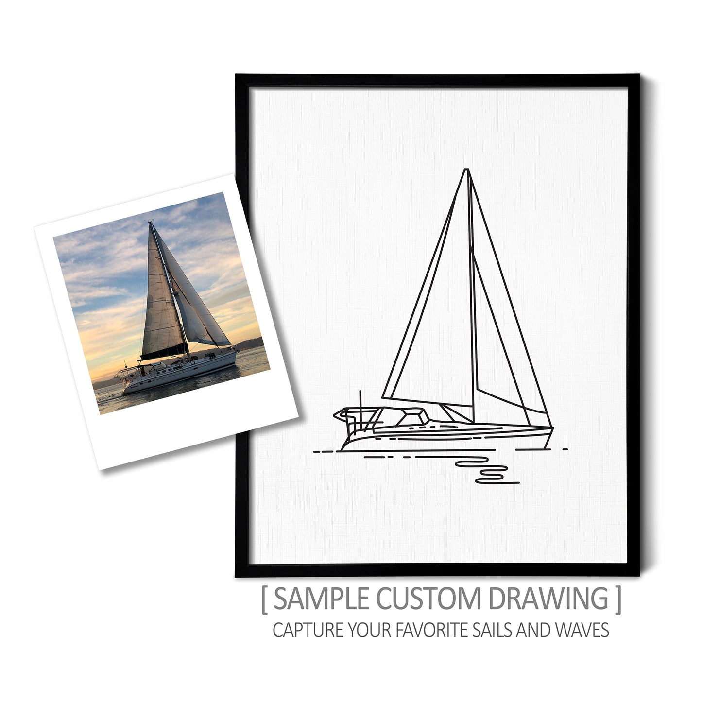 A custom line art drawing of a sailboat on white linen paper in a thin black picture frame