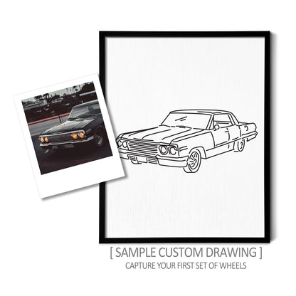A custom line art drawing of a car on white linen paper in a thin black picture frame