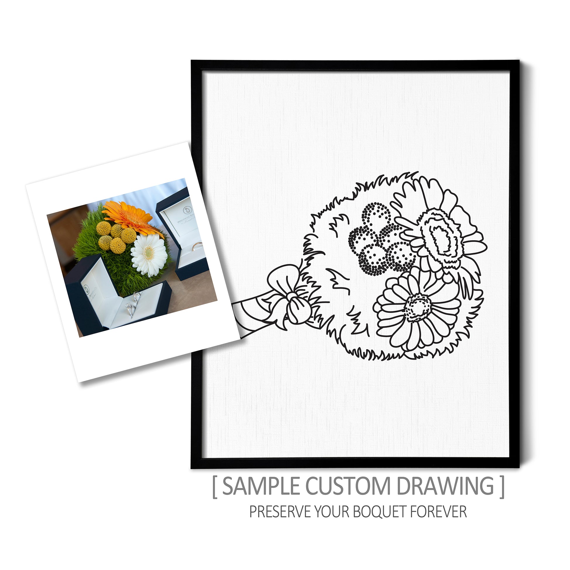 A custom line art drawing of a bouquet on white linen paper in a thin black picture frame