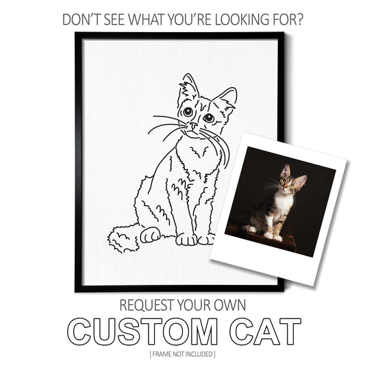 A custom line art drawing of a cat on white linen paper in a thin black picture frame