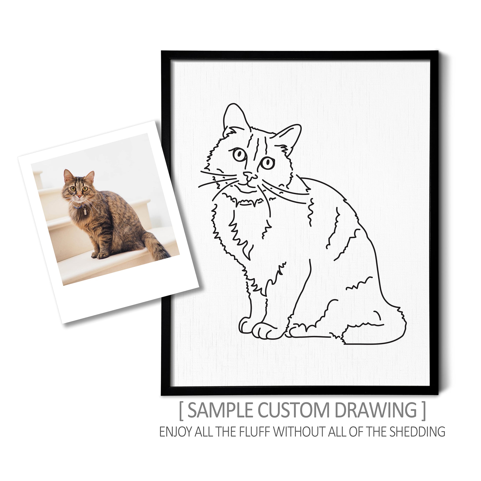 A custom line art drawing of a cat on white linen paper in a thin black picture frame