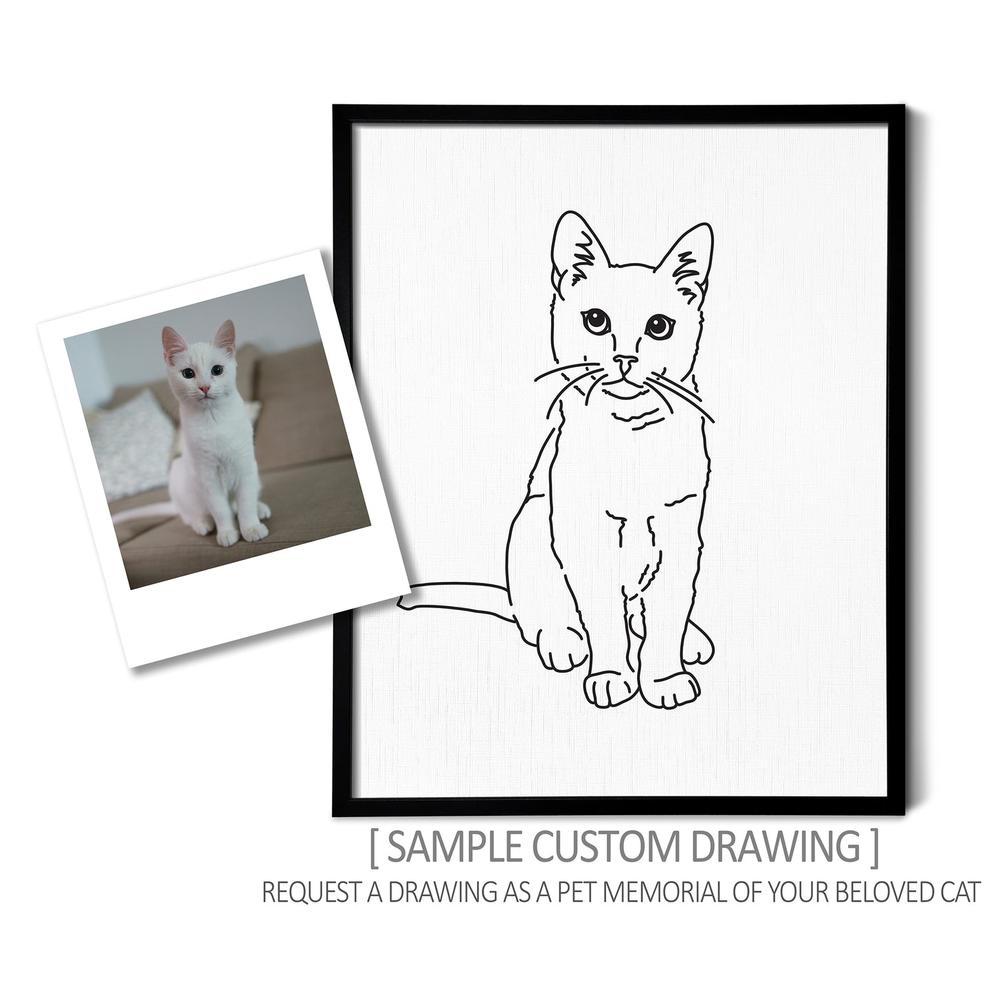 A custom line art drawing of a cat on white linen paper in a thin black picture frame