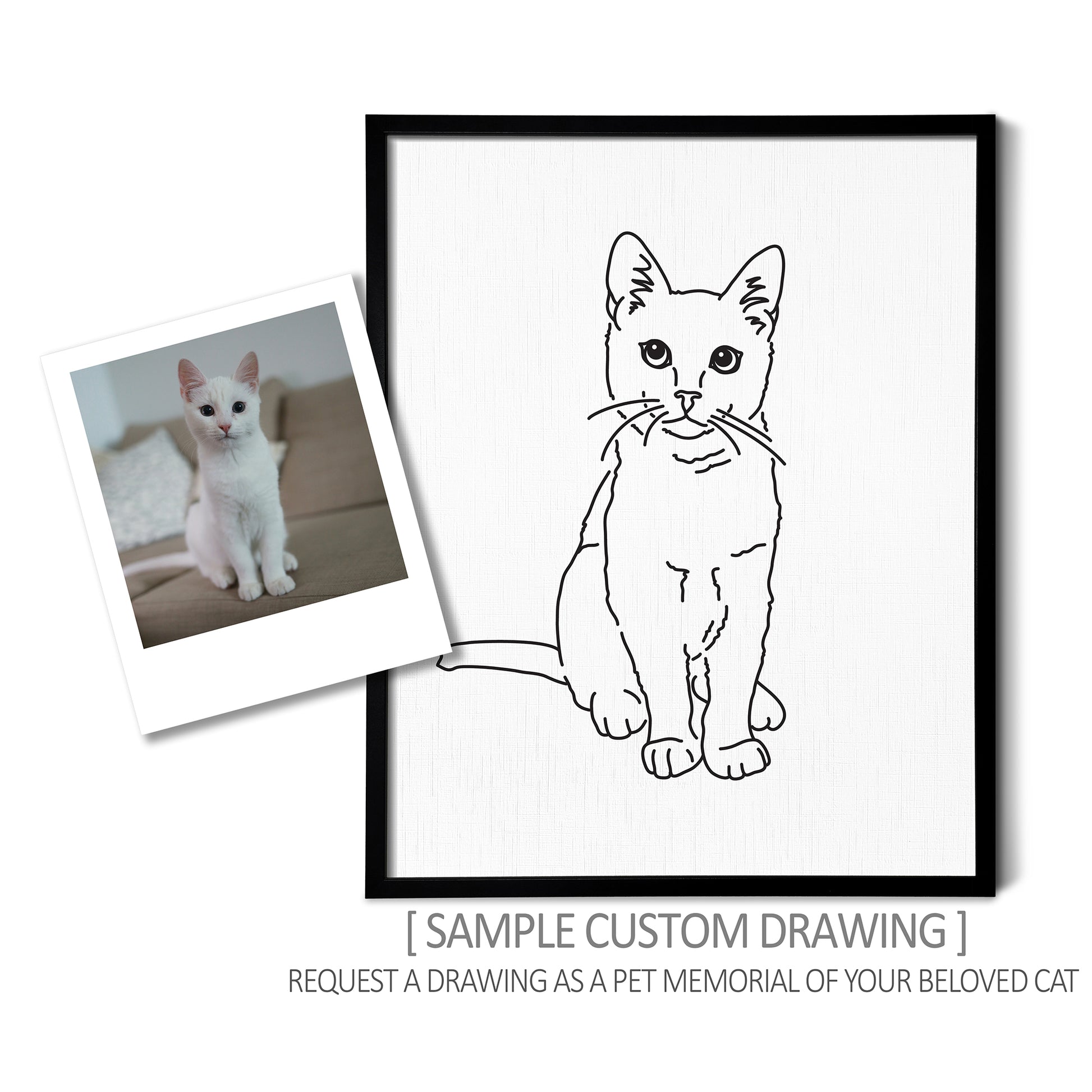 A custom line art drawing of a cat on white linen paper in a thin black picture frame