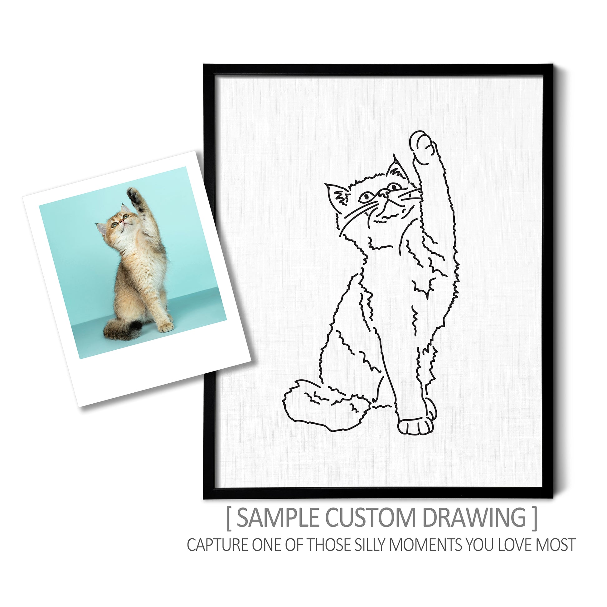 A custom line art drawing of a cat holding up its paw on white linen paper in a thin black picture frame