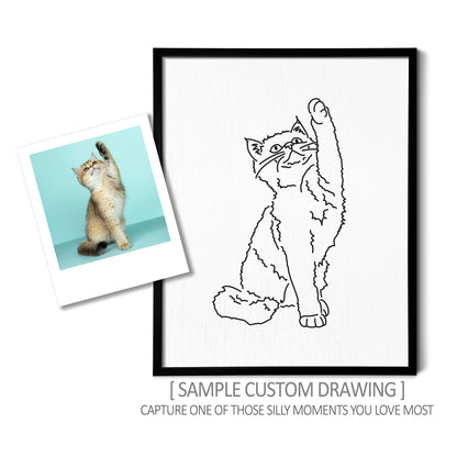 A custom line art drawing of a cat holding up its paw on white linen paper in a thin black picture frame
