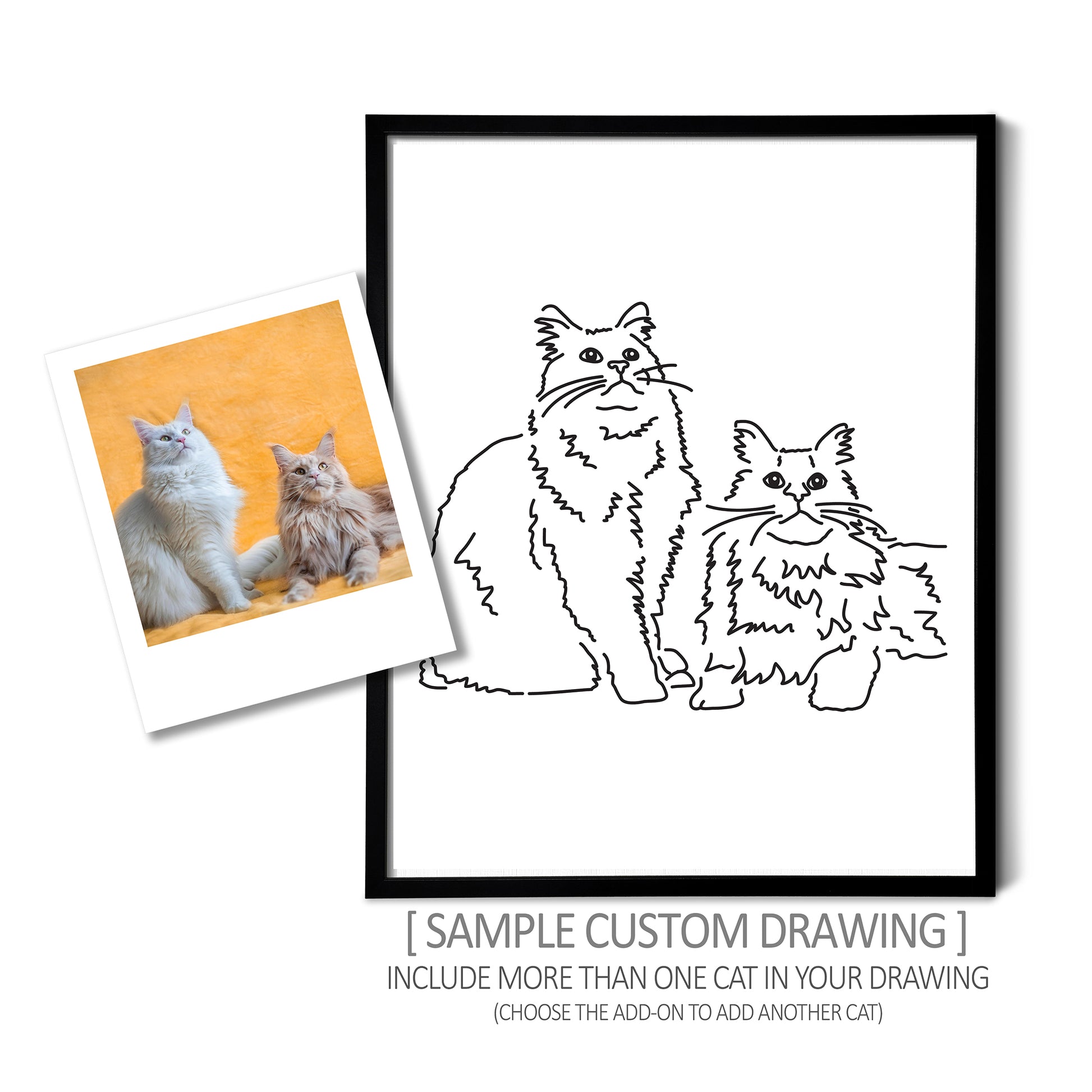A custom line art drawing of two cats on white linen paper in a thin black picture frame