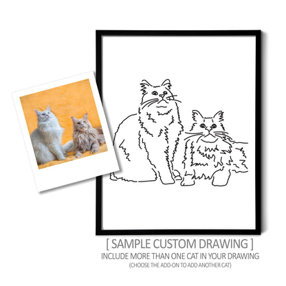A custom line art drawing of two cats on white linen paper in a thin black picture frame