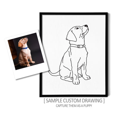 A custom line art drawing of a puppy on white linen paper in a thin black picture frame