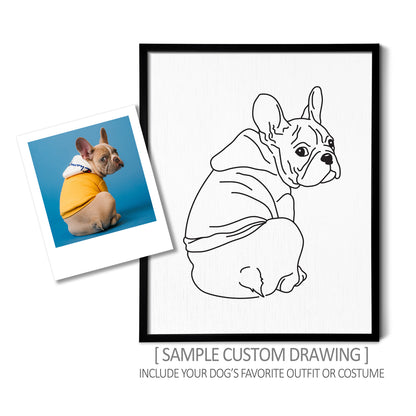 A custom line art drawing of a french bulldog in a sweatshirt on white linen paper in a thin black picture frame