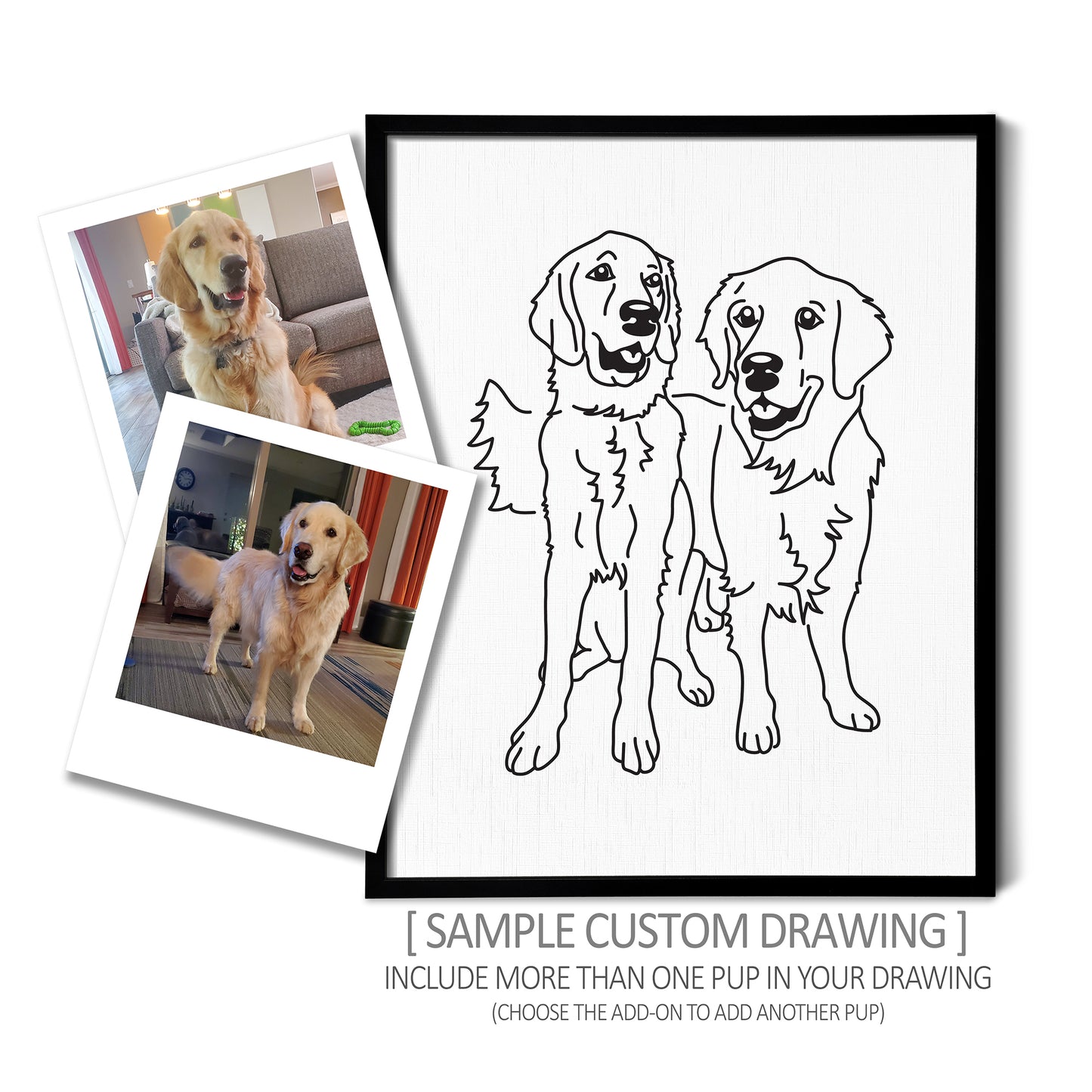 A custom line art drawing of two dogs on white linen paper in a thin black picture frame