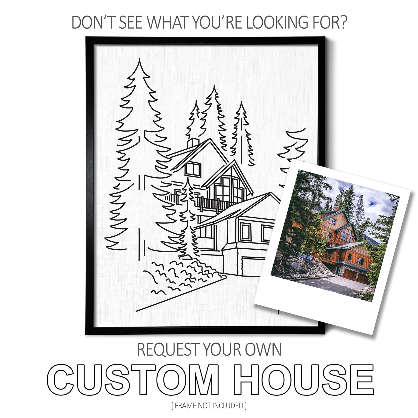 A custom line art drawing of a forest house on white linen paper in a thin black picture frame