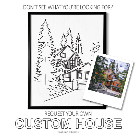 A custom line art drawing of a forest house on white linen paper in a thin black picture frame