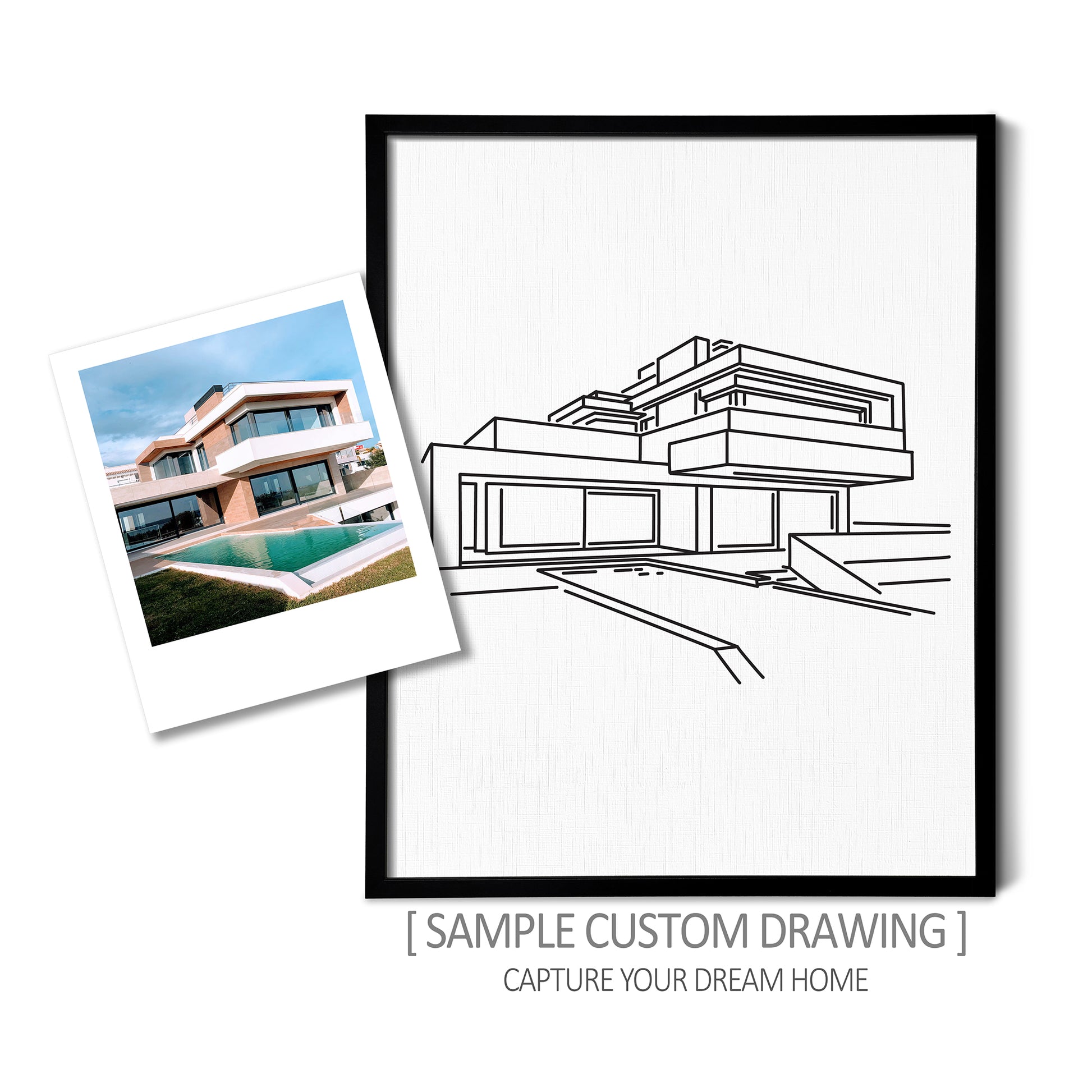 A custom line art drawing of a modern house on white linen paper in a thin black picture frame