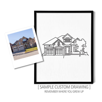 A custom line art drawing of a suburban house on white linen paper in a thin black picture frame