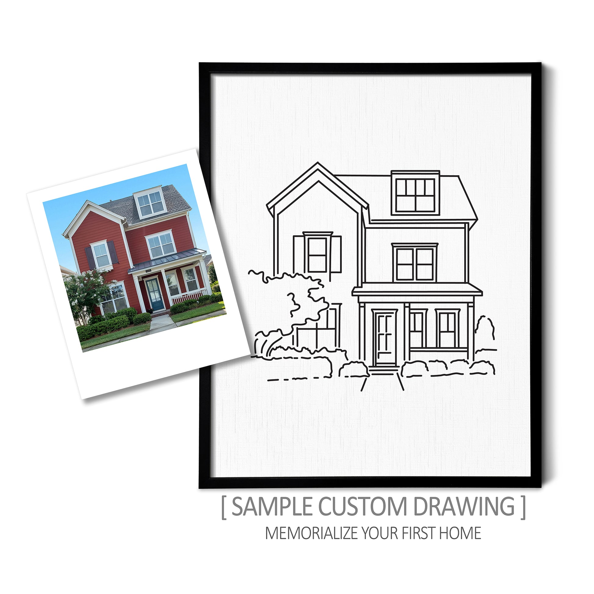 A custom line art drawing of a two story house on white linen paper in a thin black picture frame