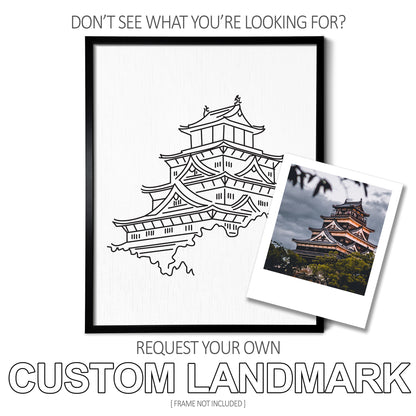 A custom line art drawing of an Asian Building on white linen paper in a thin black picture frame
