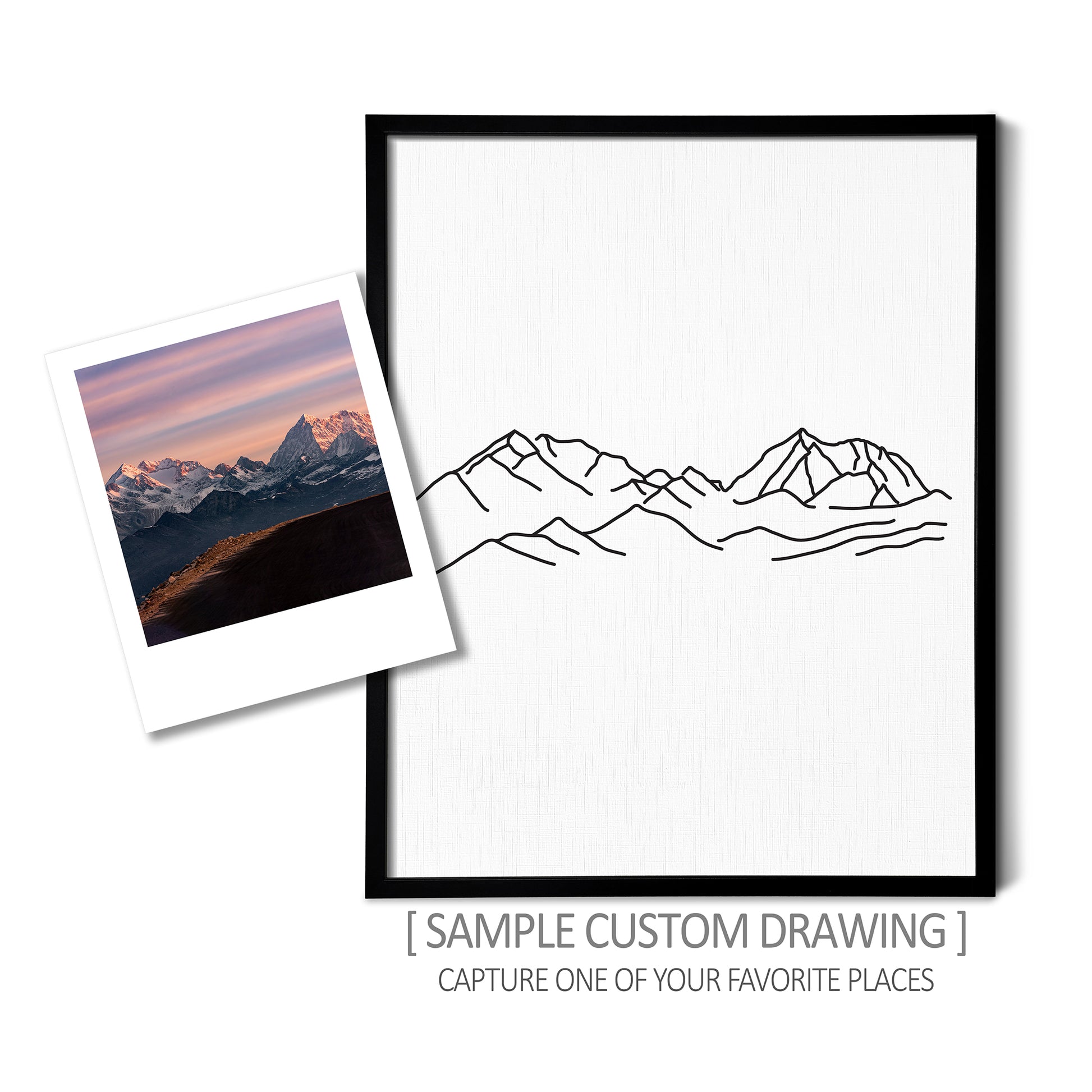 A custom line art drawing of a mountain on white linen paper in a thin black picture frame