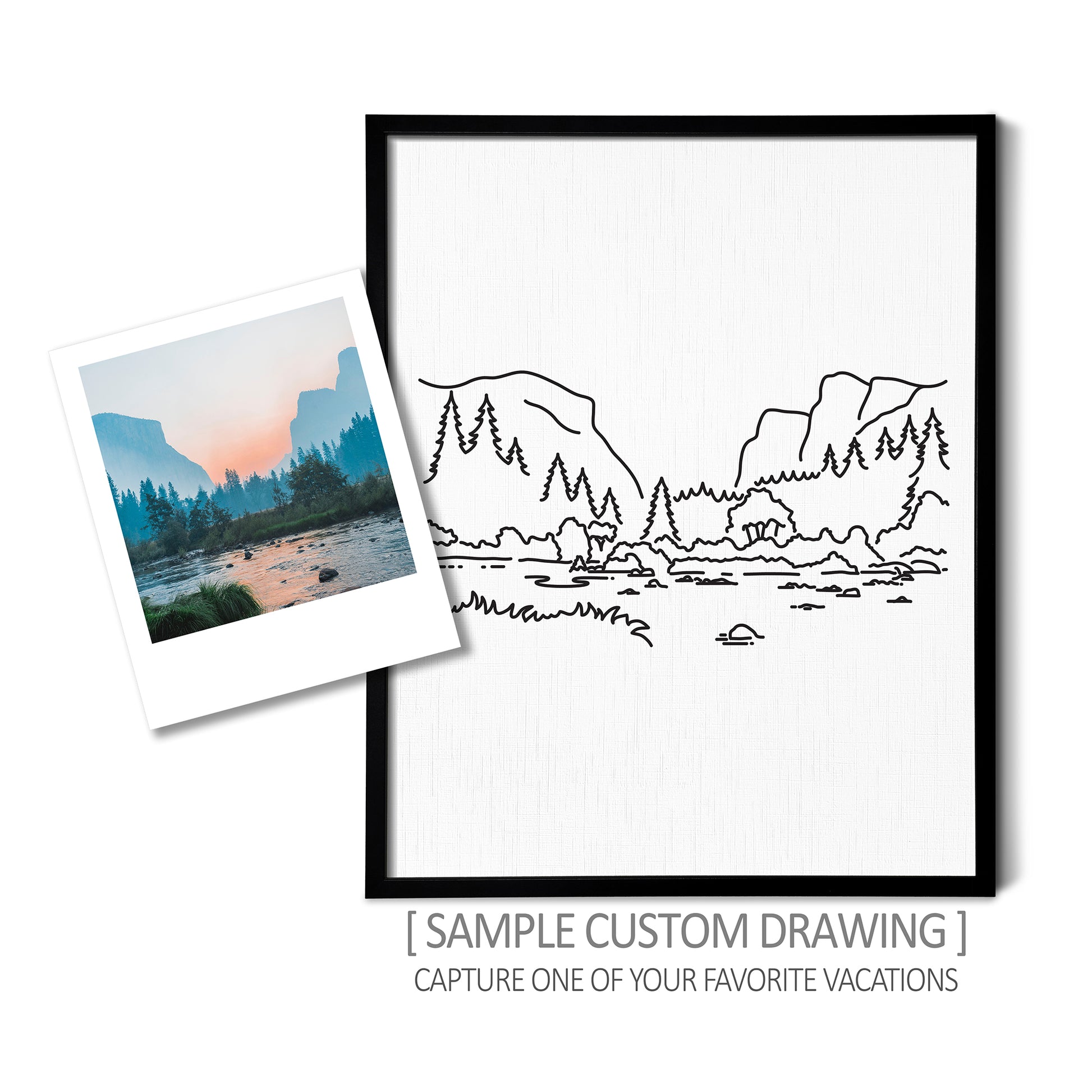 A custom line art drawing of a lake on white linen paper in a thin black picture frame