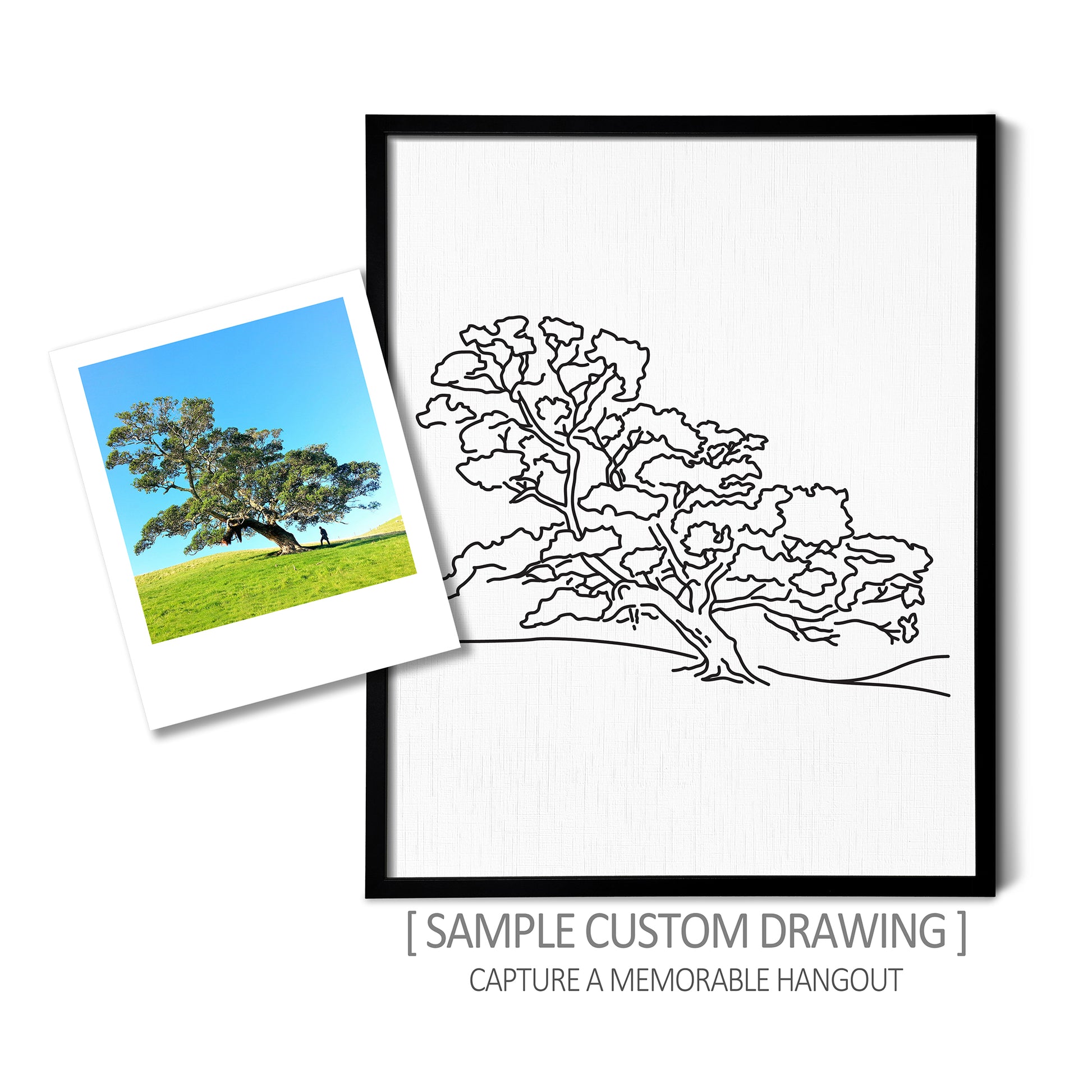 A custom line art drawing of a tree on white linen paper in a thin black picture frame