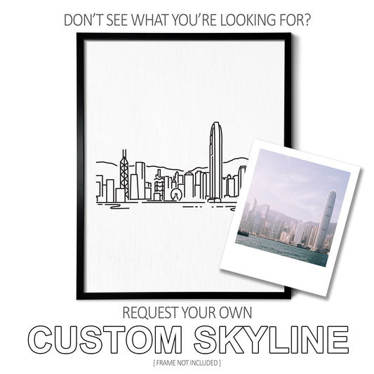 A custom line art drawing of a skyline on white linen paper in a thin black picture frame