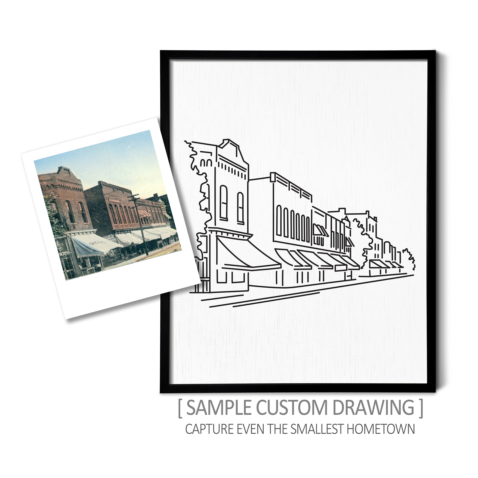 A custom line art drawing of a small town skyline on white linen paper in a thin black picture frame