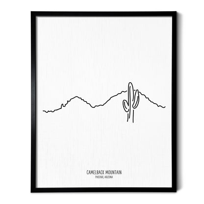 A line art drawing of Camelback Mountain in Phoenix Arizona on white linen paper in a thin black picture frame