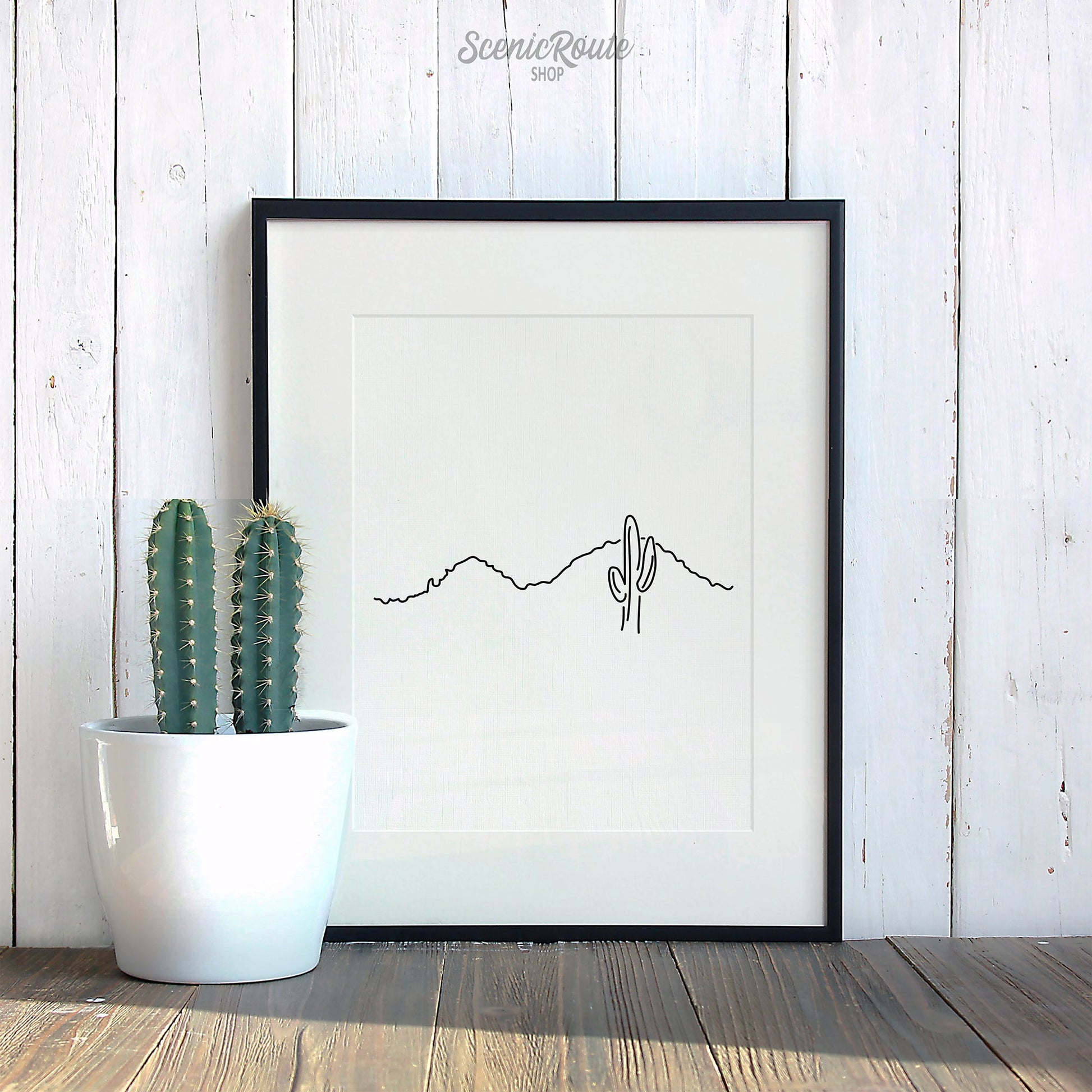 A framed line art drawing of Camelback Mountain leaning against a wood wall with a cactus