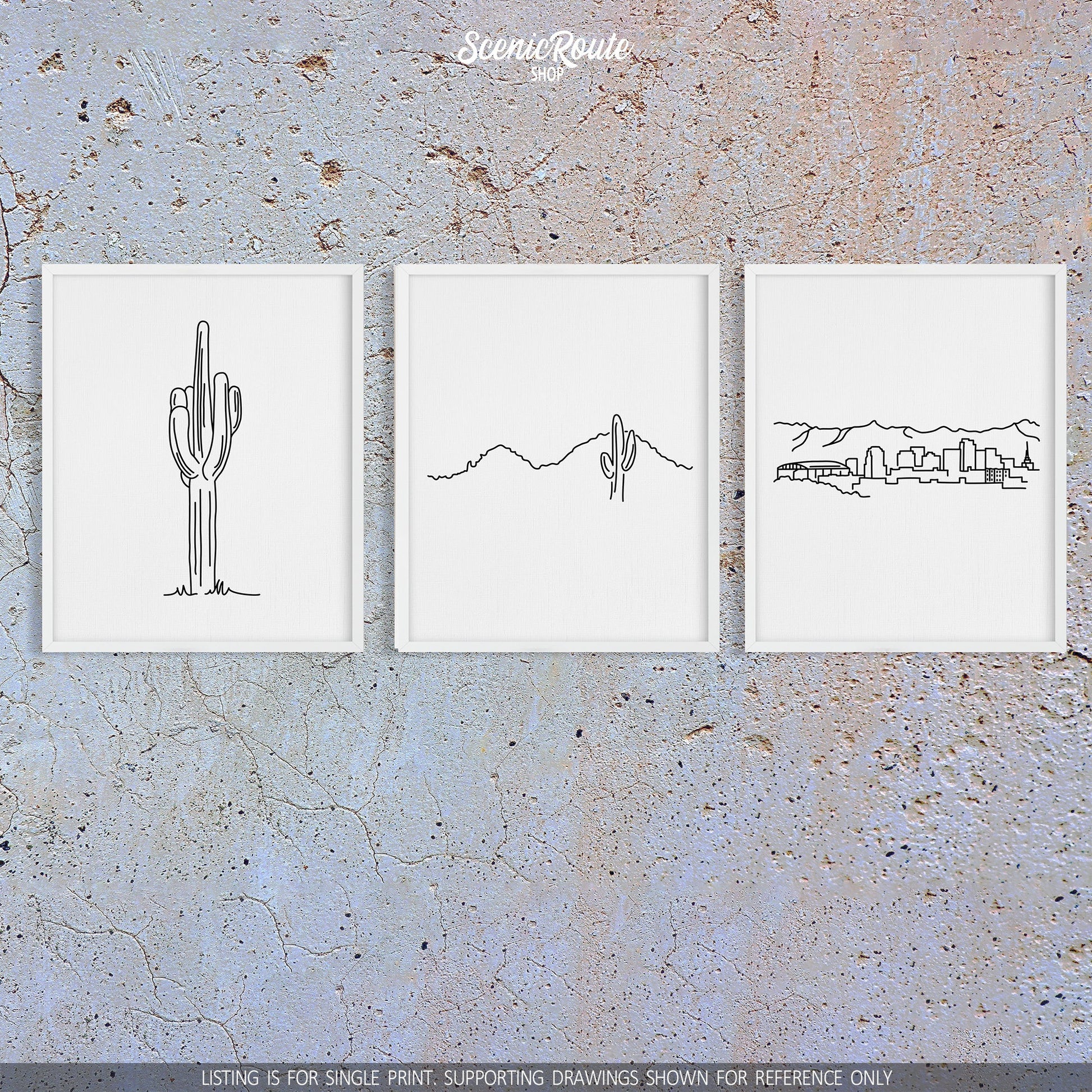 A group of three framed drawings on a concrete wall. The line art drawings include a Saguaro Cactus, Camelback Mountain, and the Phoenix Skyline