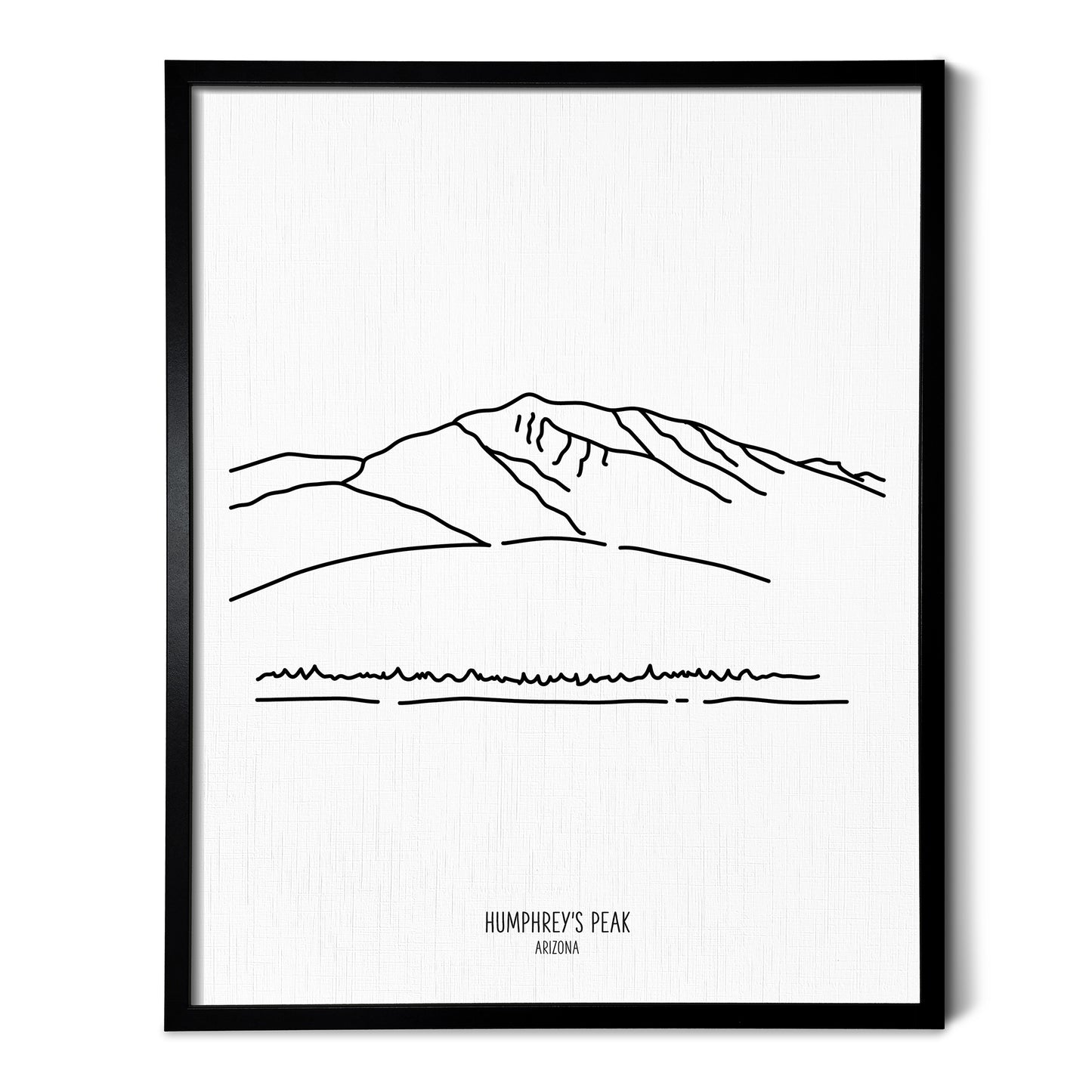A line art drawing of Humphrey's Peak in Arizona on white linen paper in a thin black picture frame