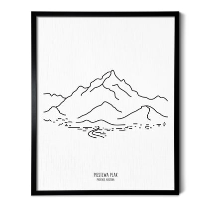 A line art drawing of Piestewa Peak in Phoenix Arizona on white linen paper in a thin black picture frame
