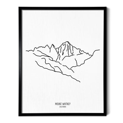 A line art drawing of Mount Whitney in California on white linen paper in a thin black picture frame