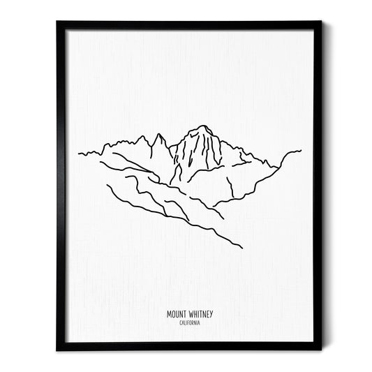 A line art drawing of Mount Whitney in California on white linen paper in a thin black picture frame