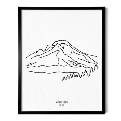 A line art drawing of Mount Hood in Oregon on white linen paper in a thin black picture frame