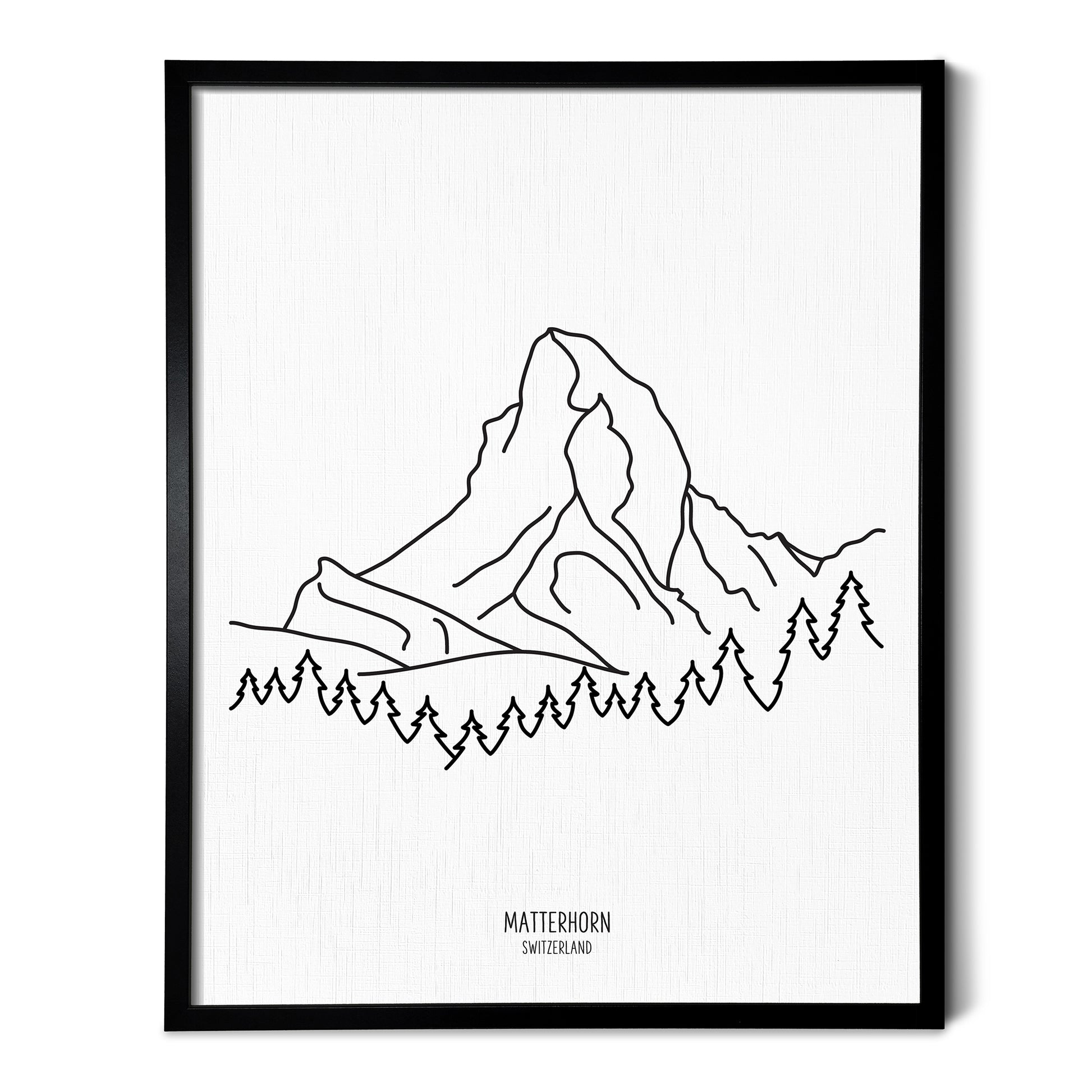 A line art drawing of the Matterhorn Mountains in Switzerland on white linen paper in a thin black picture frame