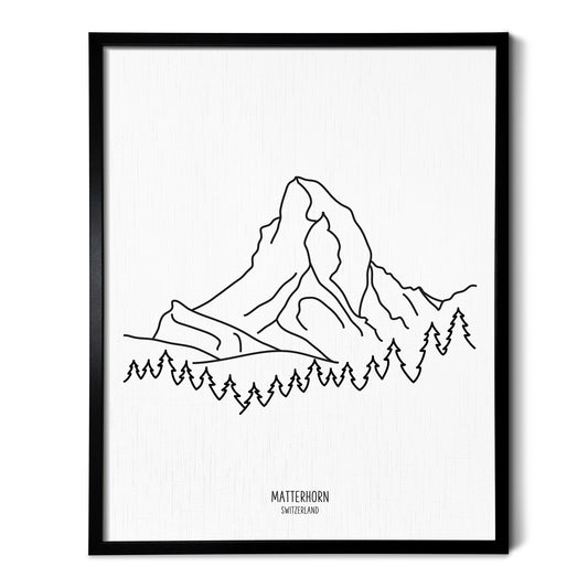 A line art drawing of the Matterhorn Mountains in Switzerland on white linen paper in a thin black picture frame