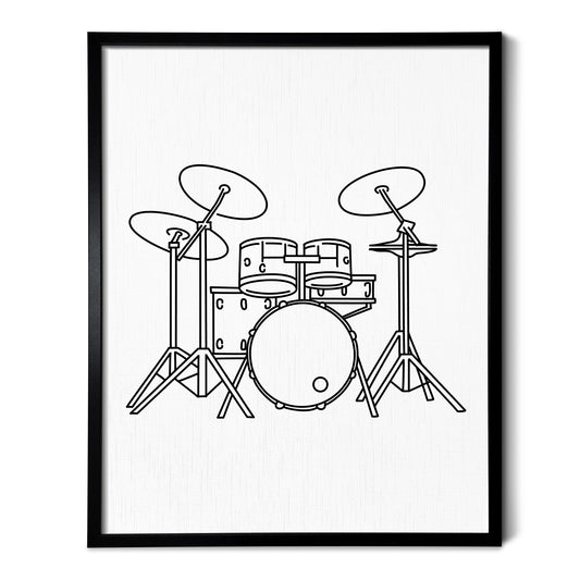 A line art drawing of Drums on white linen paper in a thin black picture frame