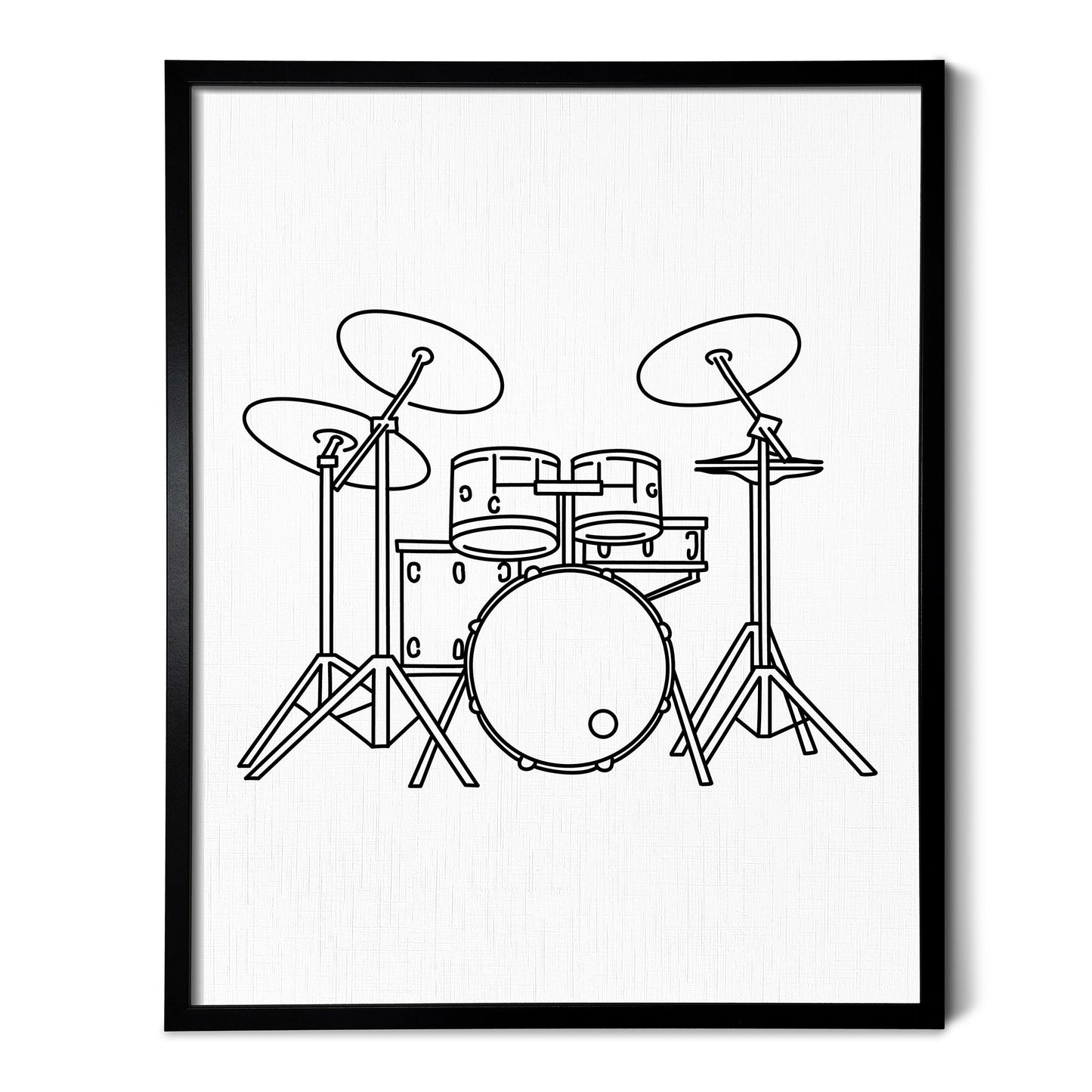 A line art drawing of Drums on white linen paper in a thin black picture frame