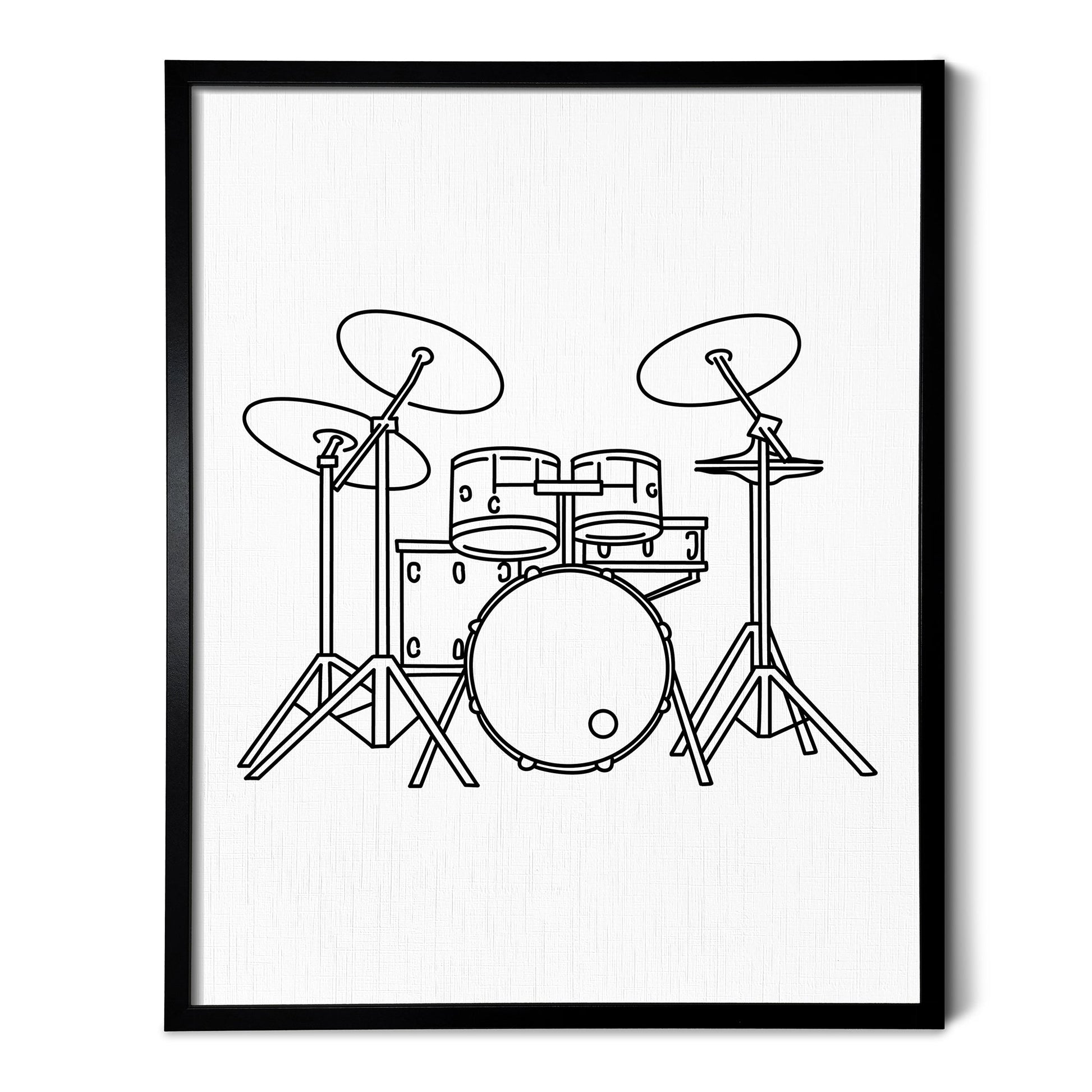 A line art drawing of Drums on white linen paper in a thin black picture frame