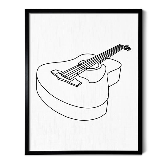 A line art drawing of a Guitar on white linen paper in a thin black picture frame