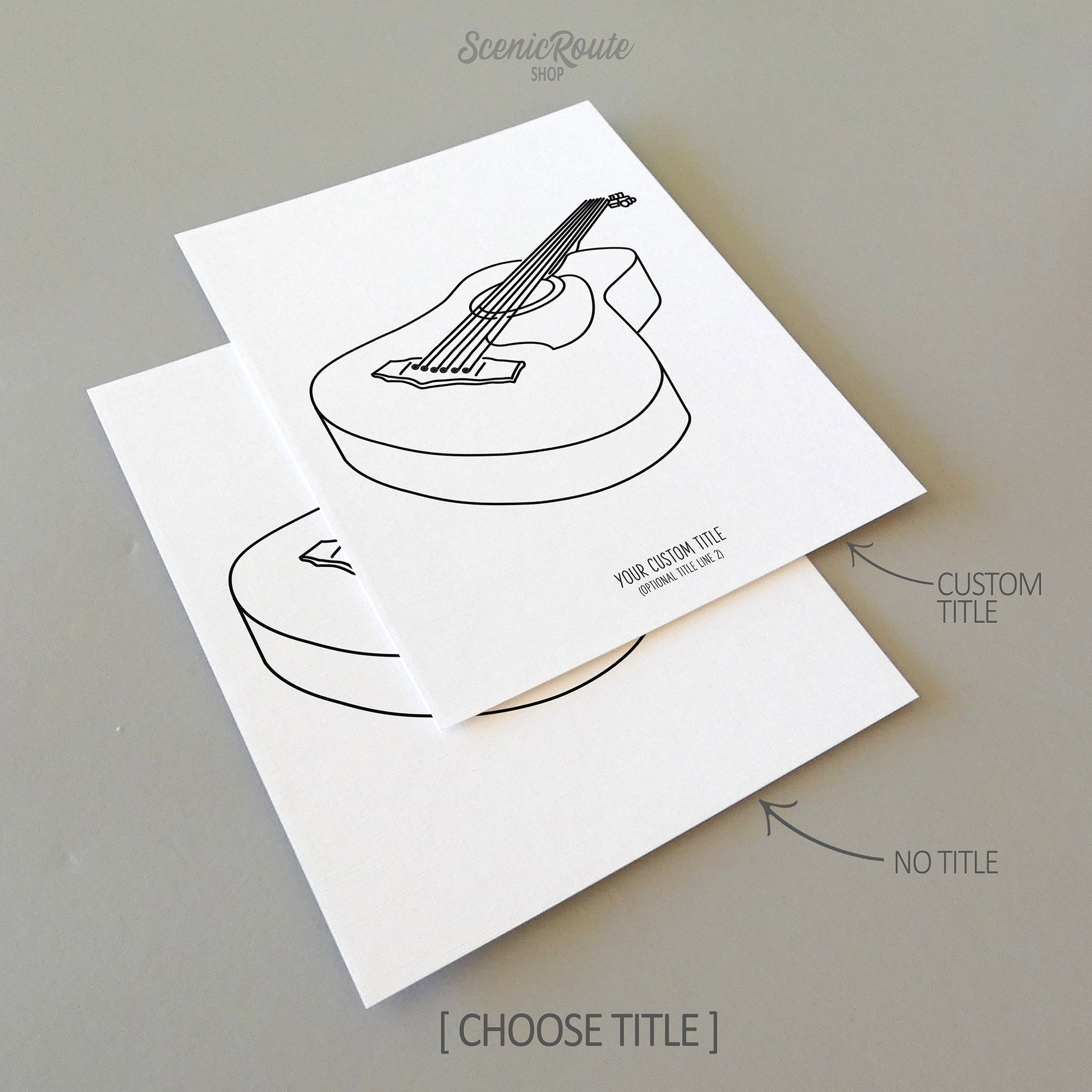 Two line art drawings of a guitar instrument on white linen paper with a gray background.  The pieces are shown with “No Title” and “Custom Title” options for the available art print options.