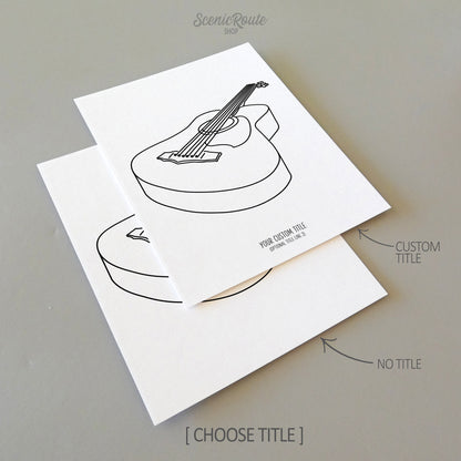 Two line art drawings of a guitar instrument on white linen paper with a gray background.  The pieces are shown with “No Title” and “Custom Title” options for the available art print options.