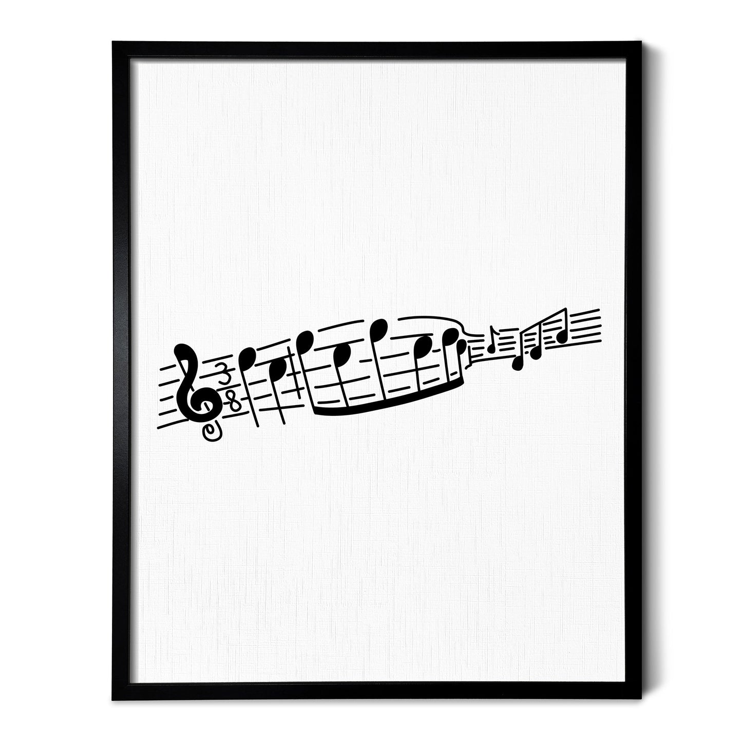 A line art drawing of Music Notes on white linen paper in a thin black picture frame