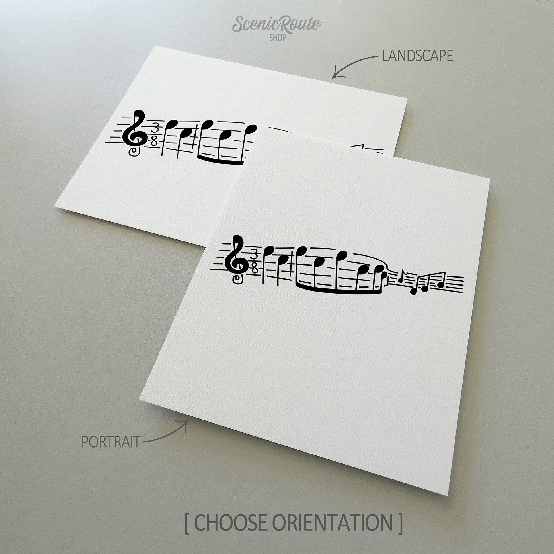 Two line art drawings of Music Notes on white linen paper with a gray background.  The pieces are shown in portrait and landscape orientation for the available art print options.