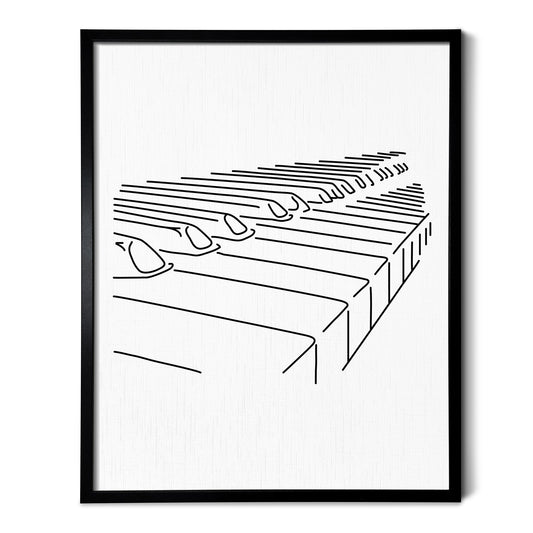 A line art drawing of a Piano on white linen paper in a thin black picture frame