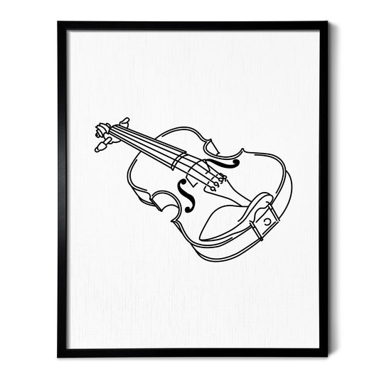 A line art drawing of a Violin on white linen paper in a thin black picture frame