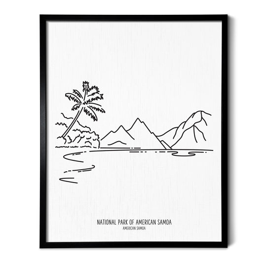 A line art drawing of American Samoa National Park on white linen paper in a thin black picture frame