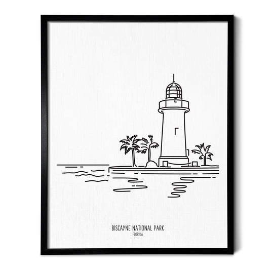 A line art drawing of Biscayne National Park on white linen paper in a thin black picture frame