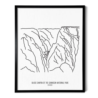 A line art drawing of Black Canyon of the Gunnison National Park on white linen paper in a thin black picture frame
