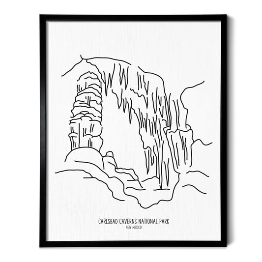 A line art drawing of Carlsbad Caverns National Park on white linen paper in a thin black picture frame